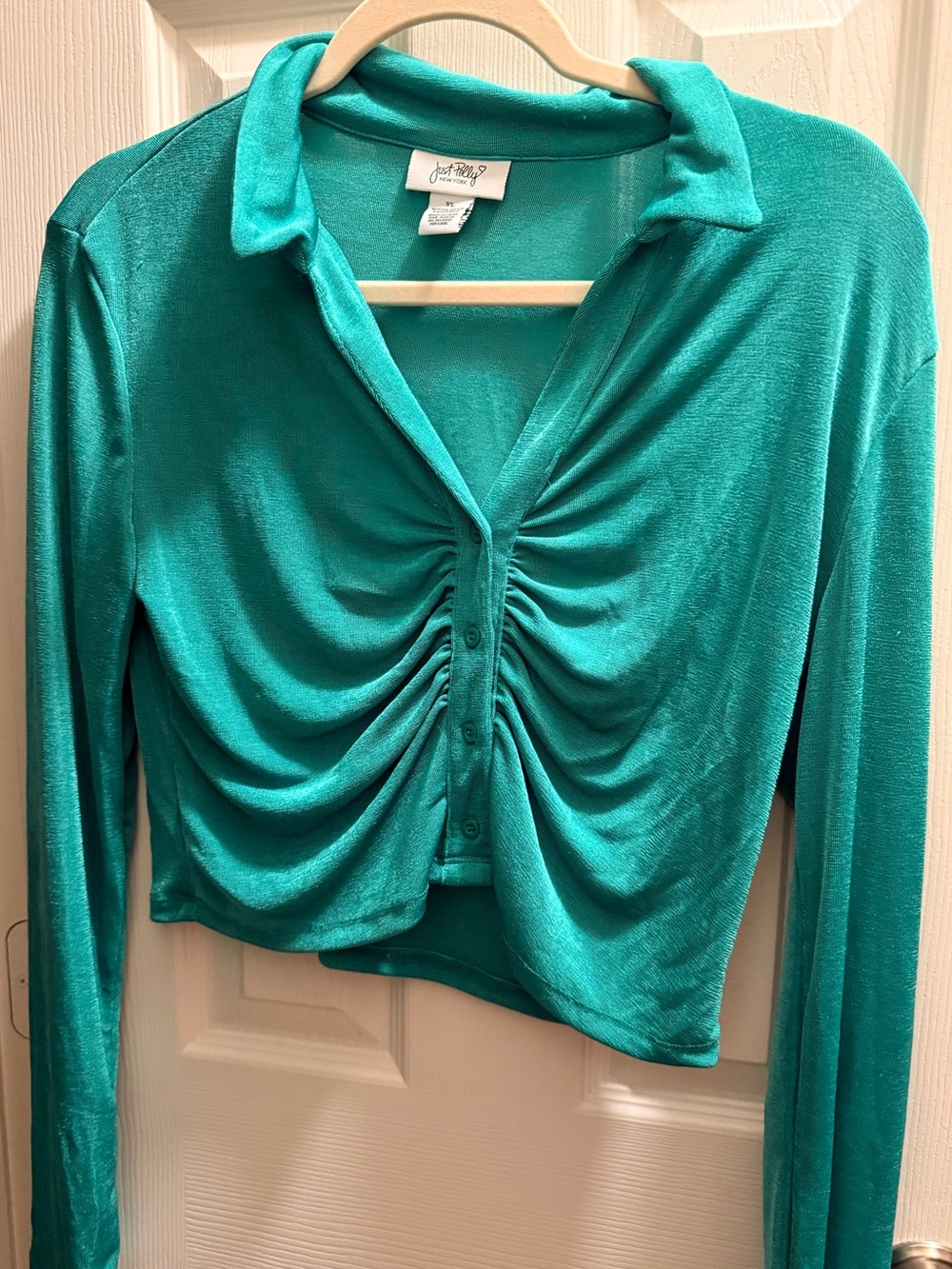 Just pollyTeal Ruched Button-Front Long Sleeve Top